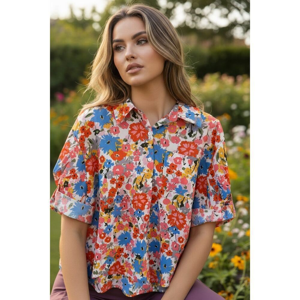 AnnieWear Los Angeles Floral Button Down Blouse Size S Colorful Spring Top